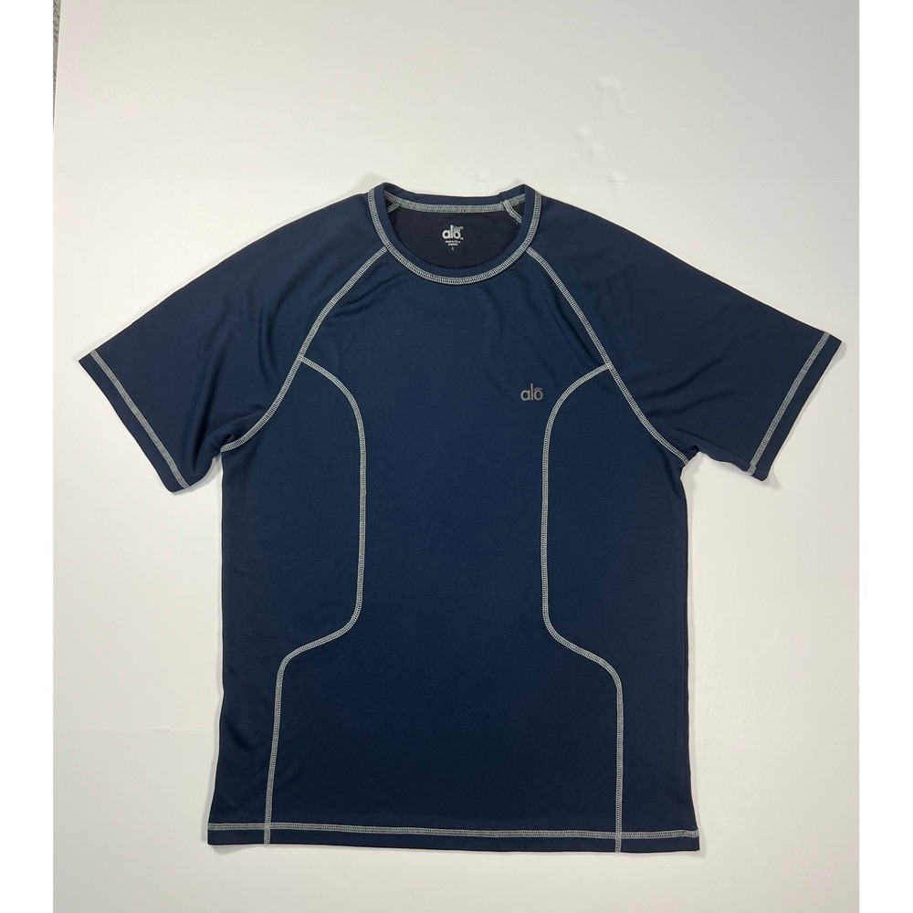Alo Yoga CooFit Shirt Mens Large Navy Blue Bamboo Charcoal Performance Tee